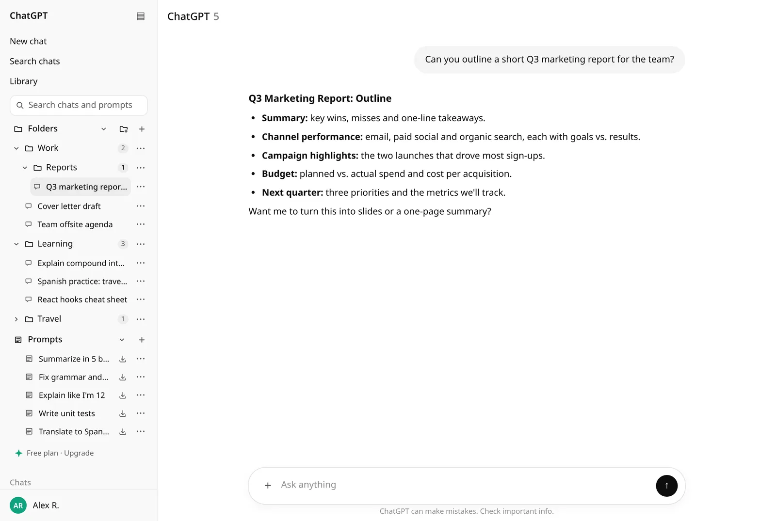 The ChatGPT sidebar with KeepChat: a Work folder containing a Reports subfolder, Learning and Travel folders, and a list of saved prompts.