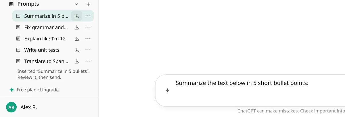 The saved prompt “Summarize in 5 bullets” inserted into the ChatGPT message box, ready to review and send.