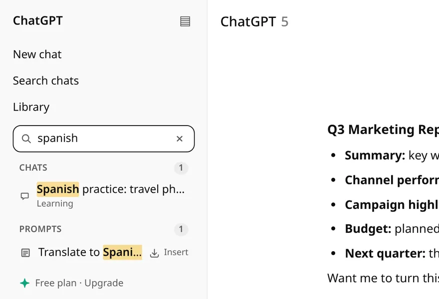 KeepChat search for “spanish” showing one matching chat in the Learning folder and one matching prompt.